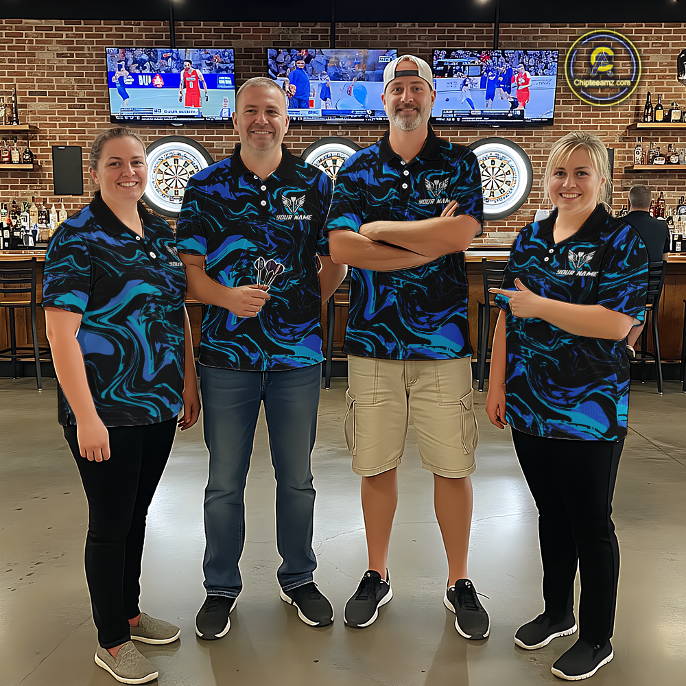 Teal-Turquoise Pattern Darts Team Jerseys Dart Shirts For Men Dart Tournament Polo & 1/4 Zip NNT119