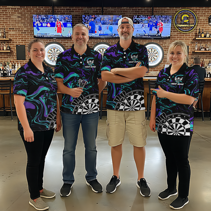 Turquoise-Purple Pattern Aim Shoot Swear Repeat Darts Team Jerseys Dart Shirts For Men NNT168