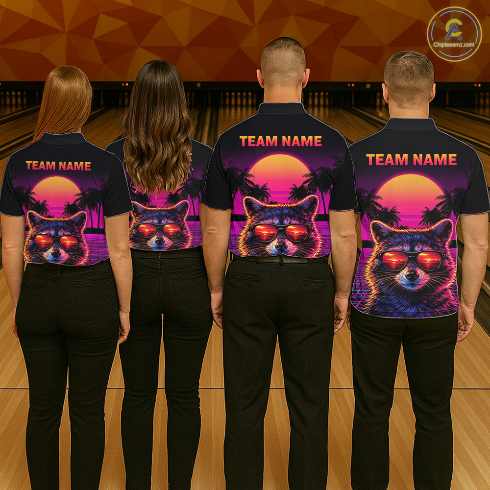 Custom Funny Raccoon Retro Sunset Bowling Jersey for Men Bowling Uniform Bowling Team Shirts HNT280