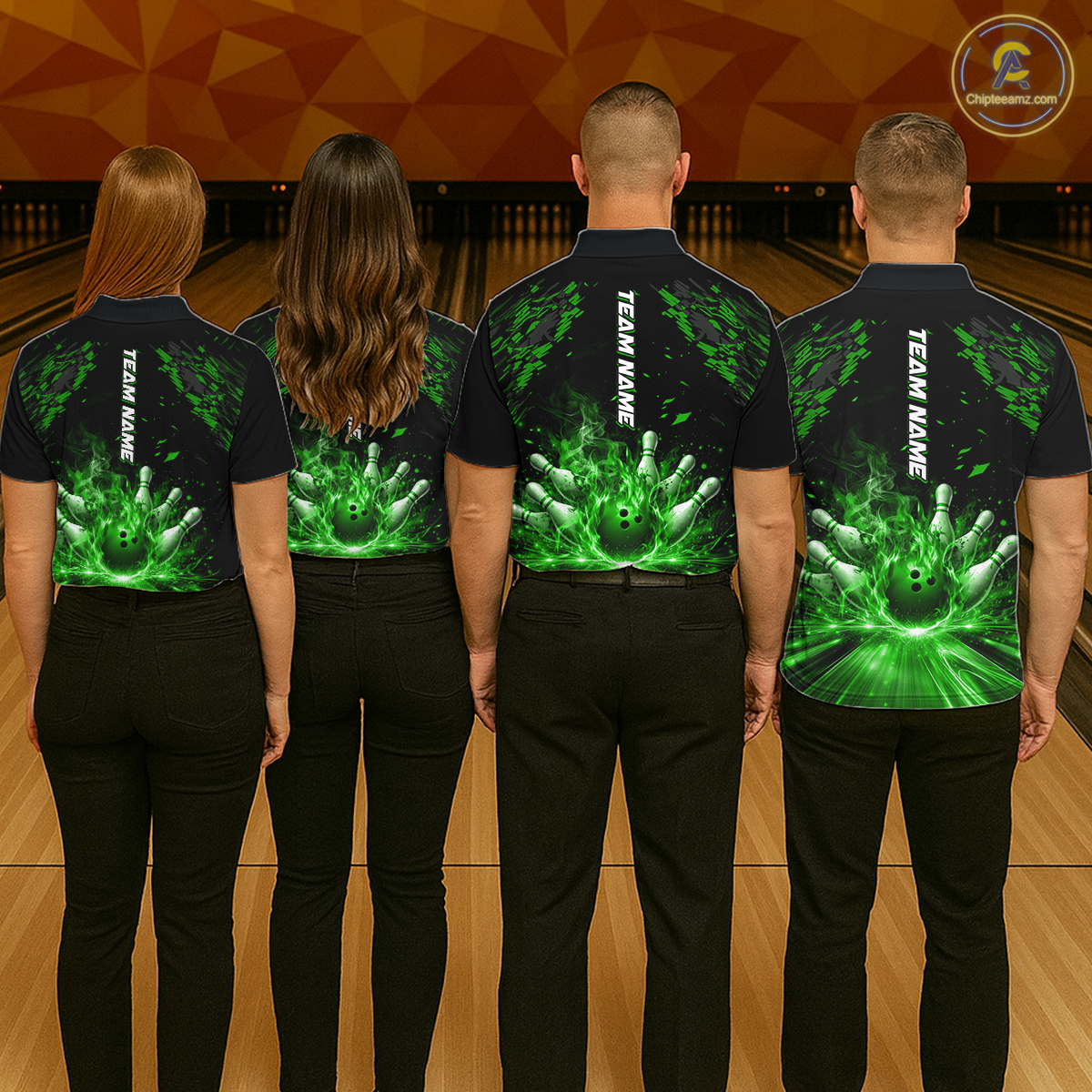 Custom Green Flame Bowling Team Shirt for Men Polo & 1/4-Zip Bowling Jersey Bowling League Uniform QZT866