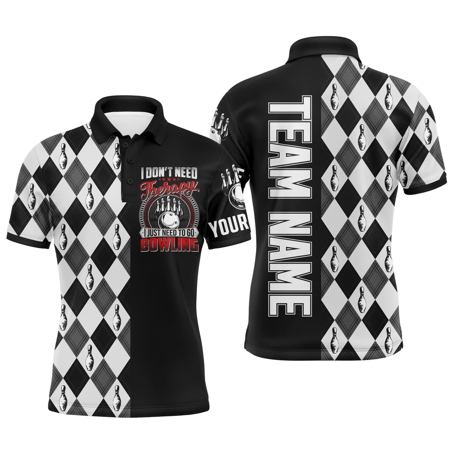 Personalized Men Polo Bowling Shirt Black & White Argyle Bowlers Custom Team Short Sleeves Jersey NBP17