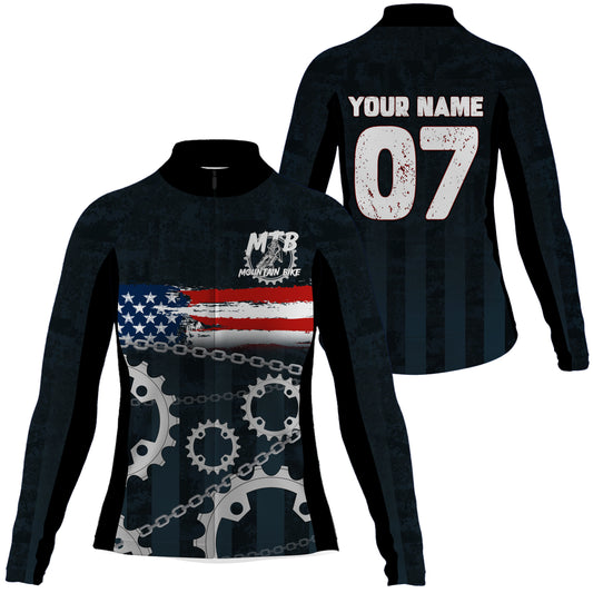 Custom Womens Cycling Jersey MTB American Flag Bicycle Sprocket Mountain Bike Racing Shirt| NMS819