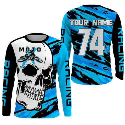 Skull MotoX Jersey Custom Motocross UPF30+ Blue Dirt Bike Racing Motorcycle Bikers Racewear NMS1265