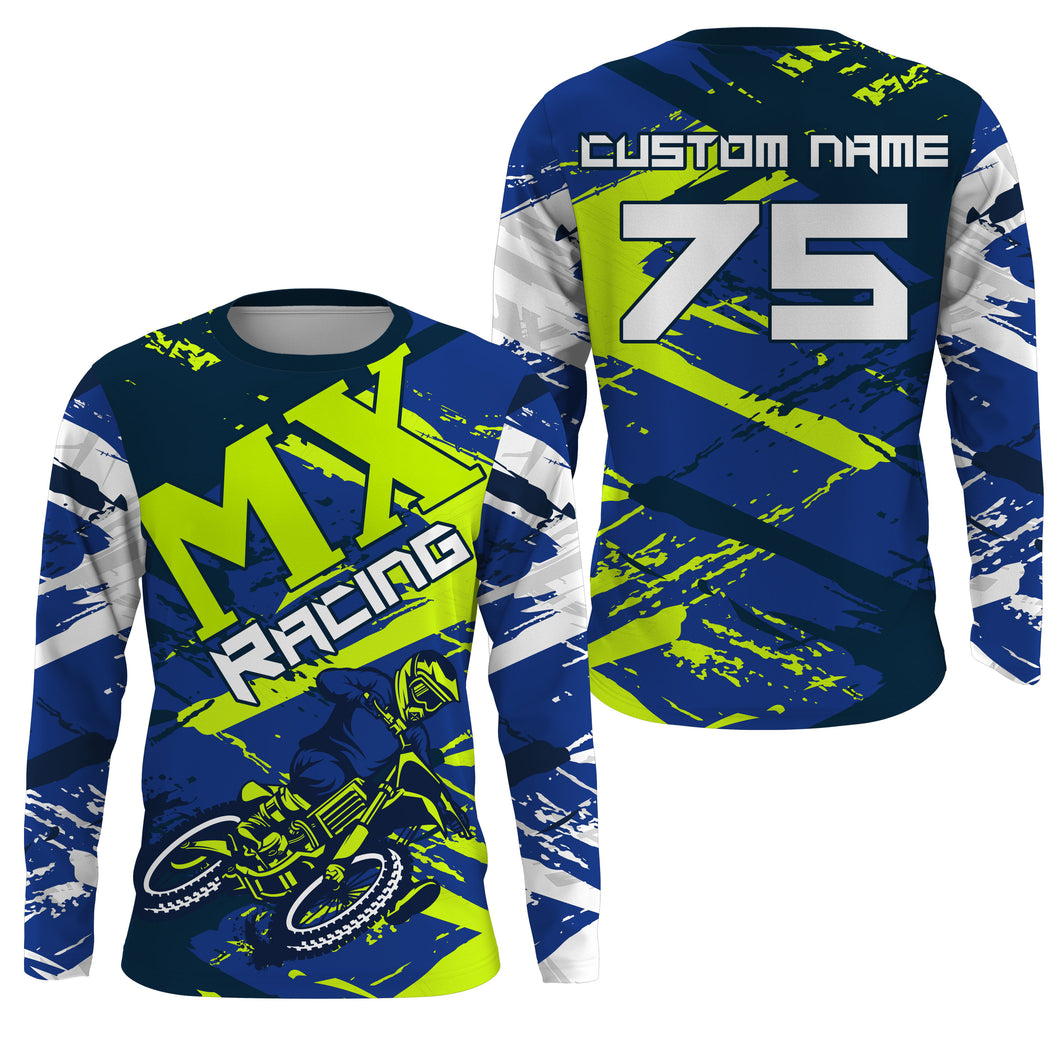 Blue Motocross jersey dirt bike custom shirt UPF30+ for kid men women MX racing off-road racewear PDT103