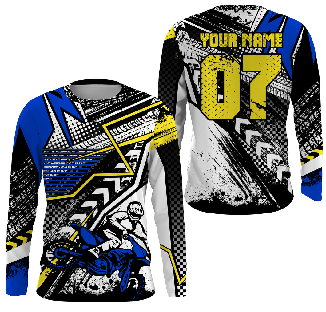 Blue Motocross jersey youth kid adult dirt bike custom UPF30+ MX riding extreme shirt motorcycle PDT93