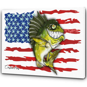 Largemouth Bass fishing art with American flag ChipteeAmz's fish art canvas AT004