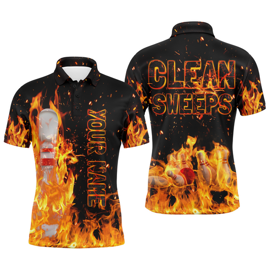 Flame Men Polo Bowling Shirt, Clean Sweeps Personalized Team Bowlers Jersey NBP80