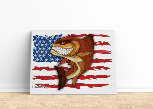 Redfish fishing art with American flag ChipteeAmz's fish art canvas AT006