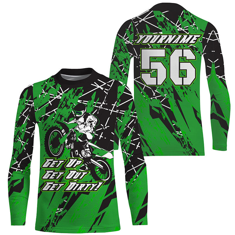 Get Dirty Personalized Motocross Jersey UPF30+ Green Dirt Bike Racing Motorcycle Long Sleeves NMS1253