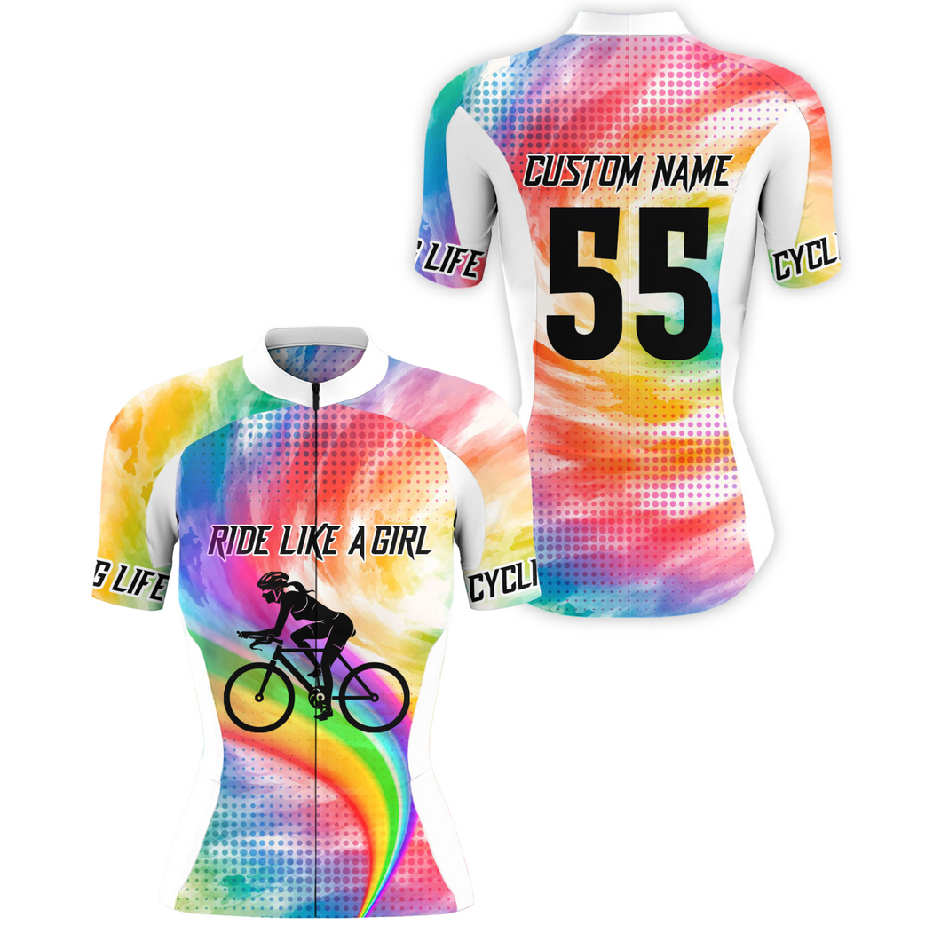 Custom Womens Rainbow Cycling Jersey Ride Like A Girl Road Cycle Mountain Bicycling Shirt| NMS839