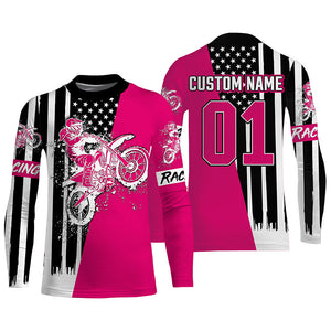 Girls Women Pink Dirt Bike Racing Jersey UPF30+ Personalized Patriotic Motocross American Riding NMS1177