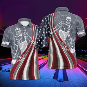 Patriotic Men's Polo Bowling Shirt, American Flag Custom Name Bowlers Jersey Short Sleeve NBP97