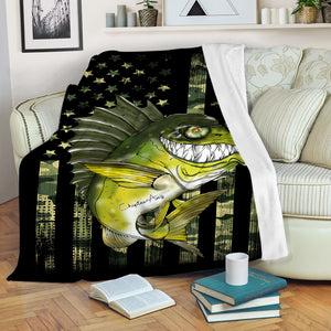 Largemouth Bass fishing American flag camo black funny bass fish ChipteeAmz's art custom fleece blanket AT049