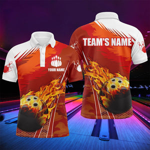 Flame Polo Men's Bowling Shirt, Custom Name Team Bowlers Jersey Short Sleeve NBP96