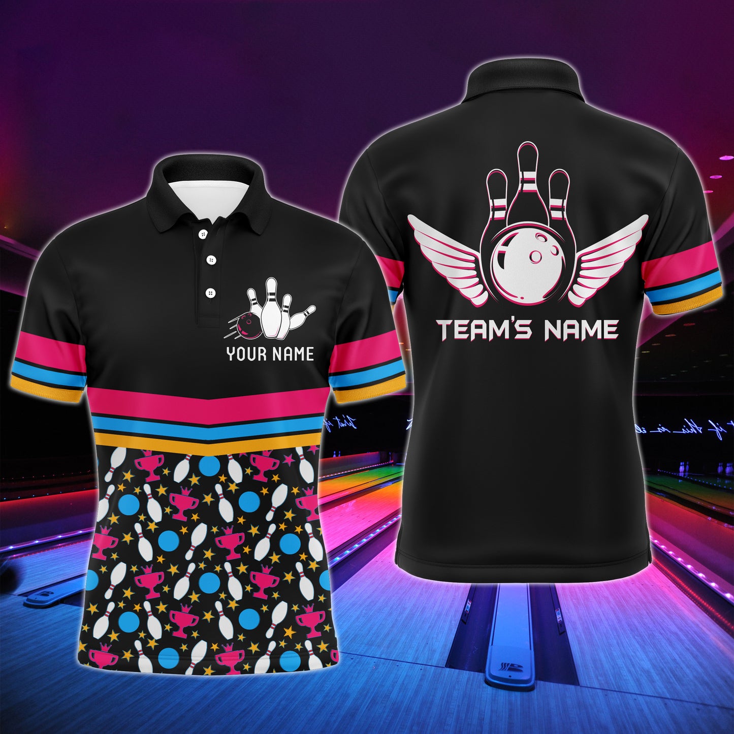 Personalized Men Polo Bowling Shirt Colorful Balls and Pins Champion Short Sleeves Men Bowlers NBP11