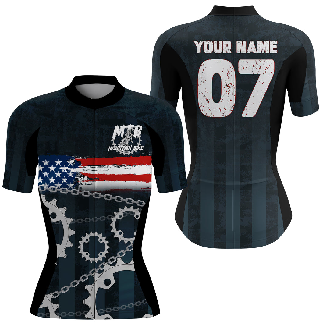 Custom Womens Cycling Jersey MTB American Flag Bicycle Sprocket Mountain Bike Racing Shirt| NMS819
