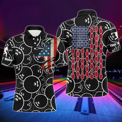 Custom American Flag Men Polo Bowling Shirt Black USA Bowling Short Sleeve Polo Men Bowlers NBP01