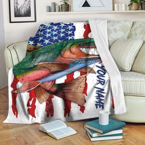 Trout fly fishing American flag funny rainbow trout ChipteeAmz's art custom name throw fleece blanket AT051