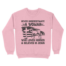 Load image into Gallery viewer, Never underestimate a woman who loves horses and believes in Jesus, horse gifts for girls D03 NQS2680 - Standard Crew Neck Sweatshirt