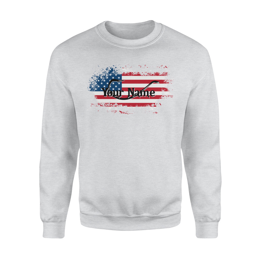 Custom name American Flag Fish Hook fishing Crew Neck Sweatshirt, personalized fishing apparel gift for Fishing lovers- NQS1198