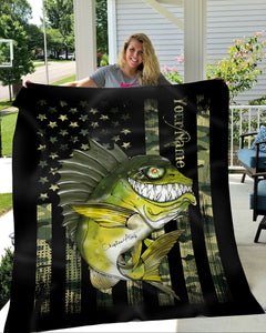 Largemouth Bass fishing American flag camo black funny bass fish ChipteeAmz's art custom fleece blanket AT049