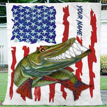 Load image into Gallery viewer, Muskellunge fishing American flag funny Musky ChipteeAmz&#39;s art custom name fishing fleece blanket AT052