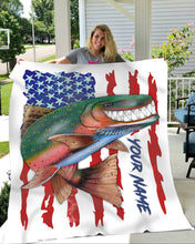 Load image into Gallery viewer, Trout fly fishing American flag funny rainbow trout ChipteeAmz&#39;s art custom name throw fleece blanket AT051