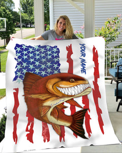 Redfish fishing American flag funny Red drum ChipteeAmz's art custom name fishing fleece blanket AT053