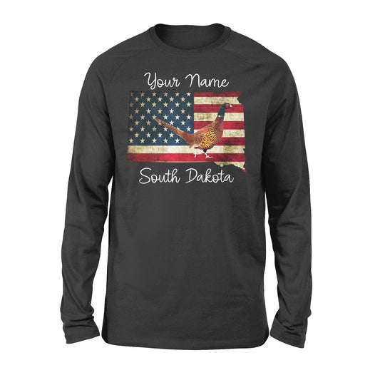 Pheasant hunting shirt South Dakota American Flag bird hunter custom name Long sleeve - FSD1162 D06