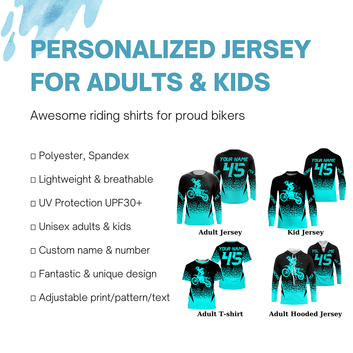 Turquoise MX racing jersey personalized motocross UPF30+ adult&kid dirt bike off-road motorcycle| NMS876