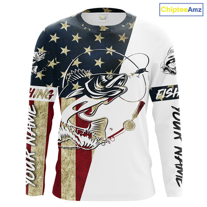 Walleye Fishing American Flag Custom Long Sleeve Fishing Shirts, Personalized Patriotic Fishing Gifts UV clothing - IPHW1109