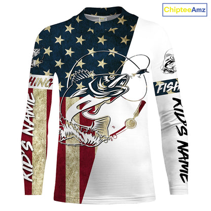 Walleye Fishing American Flag Custom Long Sleeve Fishing Shirts, Personalized Patriotic Fishing Gifts UV clothing - IPHW1109