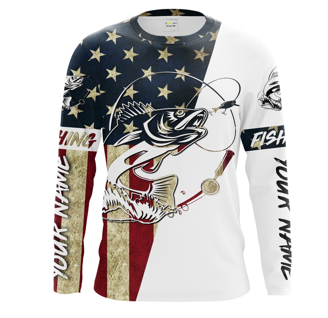 Walleye Fishing American Flag Custom Long Sleeve Fishing Shirts, Personalized Patriotic Fishing Gifts UV clothing - IPHW1109