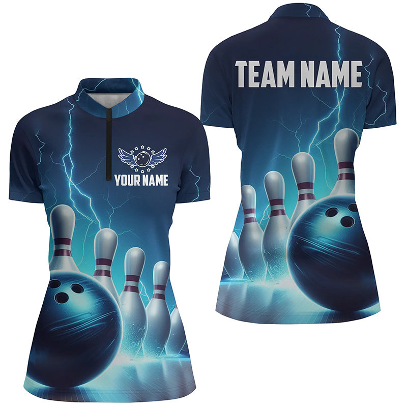 Womens Bowling Quarter Zip Shirts Custom Blue Thunder Lightning Bowling Team Jerseys IPHW5395