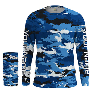 Blue camo Custom UV Long Sleeve performance Fishing Shirts, camouflage Fishing apparel - IPHW1580