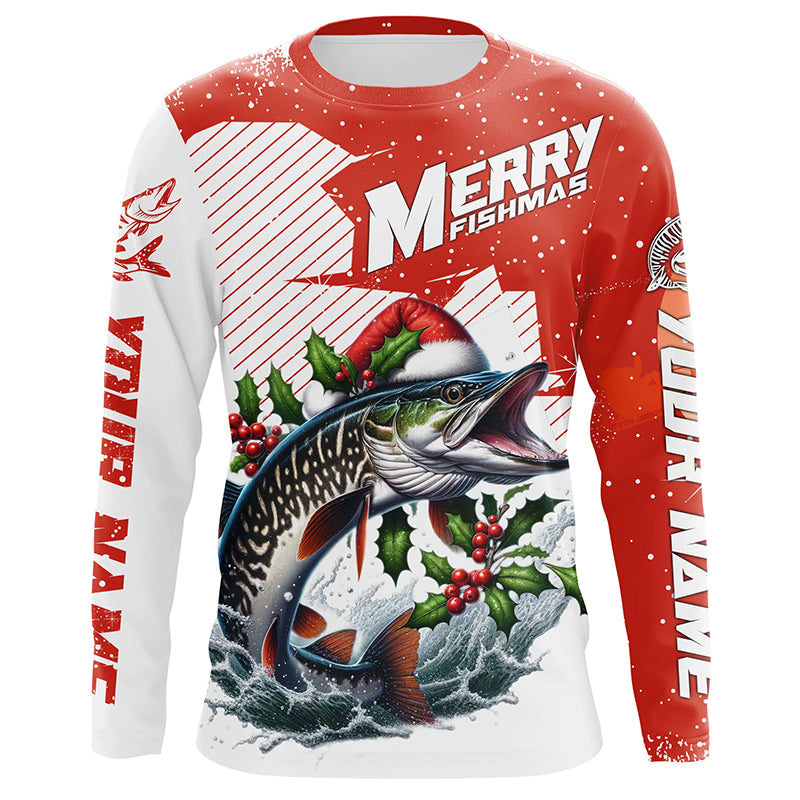 Merry Fishmas Custom Musky Long Sleeve Christmas Fishing Shirts, Personalized Xmas Fishing Gifts IPHW5581