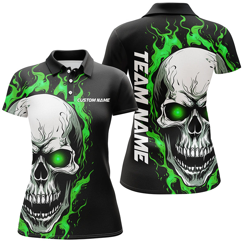 Green Flame Skull Sport Jerseys, Custom Team Bowling Polo Shirts For Women, Bowler Outfits IPHW5269