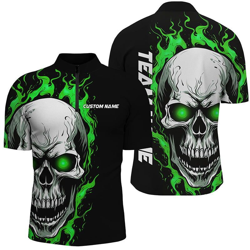 Green Flame Skull Sport Jerseys, Custom Team Bowling Quarter Zip Shirts For Men, Bowler Outfits IPHW5269