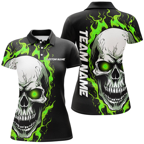 Green Flame Skull Sport Jerseys, Custom Team Bowling Polo Shirts For Women, Bowler Outfits IPHW5270