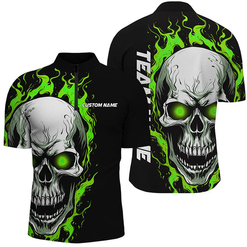 Green Flame Skull Sport Jerseys, Custom Team Bowling Quarter Zip Shirts For Men, Bowler Outfits IPHW5270