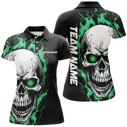 Sea Foam Green Flame Skull Sport Jerseys, Custom Team Bowling Polo Shirts For Women IPHW5271