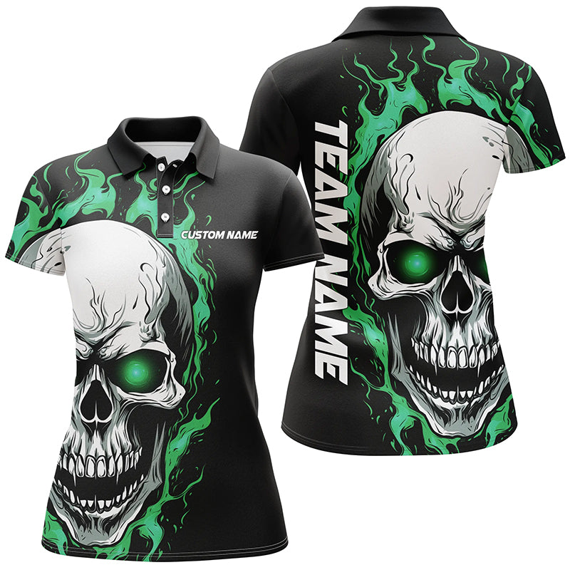 Sea Foam Green Flame Skull Sport Jerseys, Custom Team Bowling Polo Shirts For Women IPHW5271