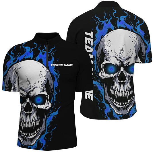 Blue Flame Skull Sport Jerseys, Custom Team Bowling Quarter Zip Shirts For Men, Bowler Outfits IPHW5274