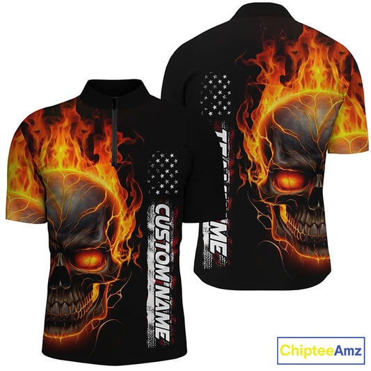 Flame Skull Custom Bowling Quarter Zip Shirts For Men And Women,  American Bowling Team Jerseys IPHW5275