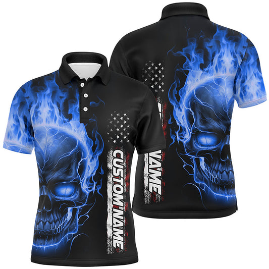 Blue Flame Skull Custom Bowling Polo Shirts For Men And Women,  American Bowling Team Jerseys IPHW5277