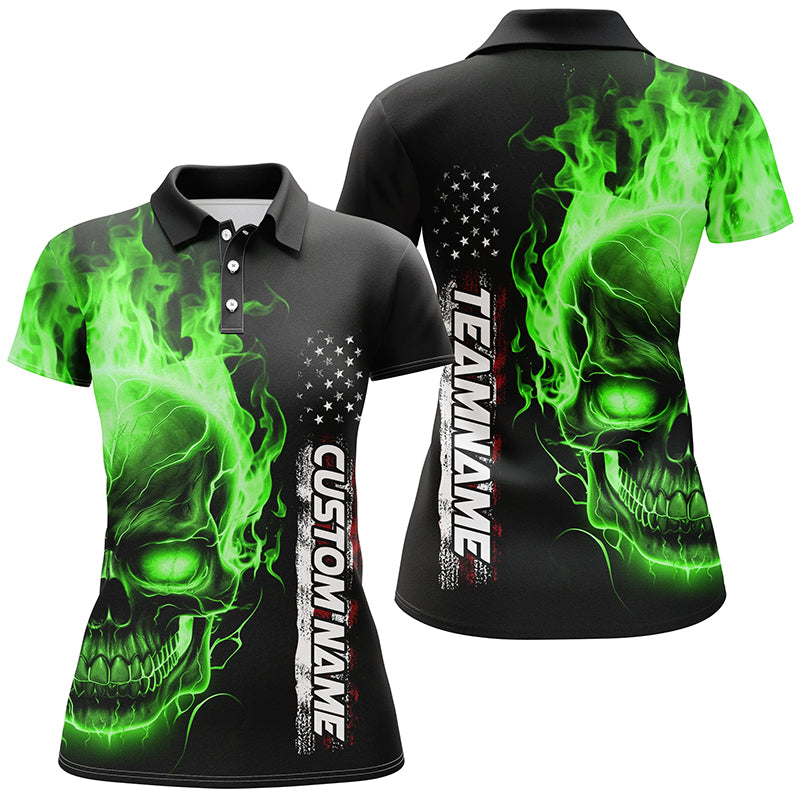 Green Flame Skull Custom Bowling Polo Shirts For Women,  American Bowling Team Jerseys IPHW5278