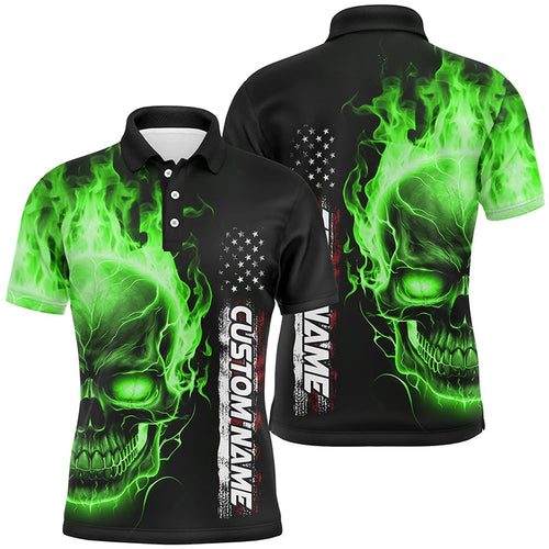 Green Flame Skull Custom Bowling Polo Shirts For Men And Women,  American Bowling Team Jerseys IPHW5278