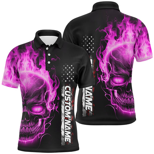 Pink Flame Skull Custom Bowling Polo Shirts For Men And Women,  American Bowling Team Jerseys IPHW5279