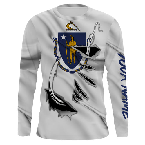 Massachusetts Flag 3D Fish Hook UV Protection Custom Long Sleeve performance Fishing Shirts IPHW494