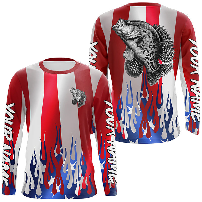 Custom 3D Flame American Flag Crappie Long Sleeve Fishing Shirts, Patriotic Crappie Fishing Jerseys IPHW6146